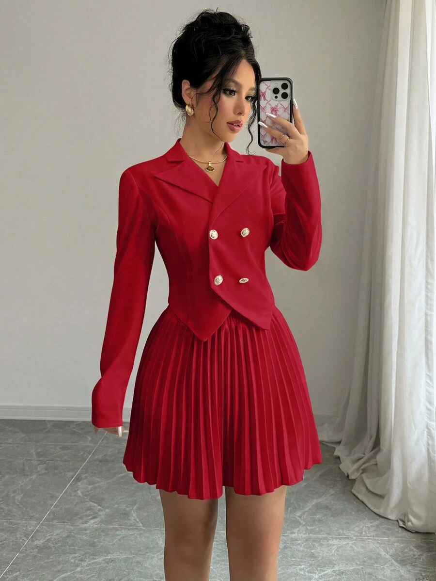Elenzga Elegant Women's Double-Breasted Jacket & Pleated Midi Skirt Suit Set, For Valentine's Day