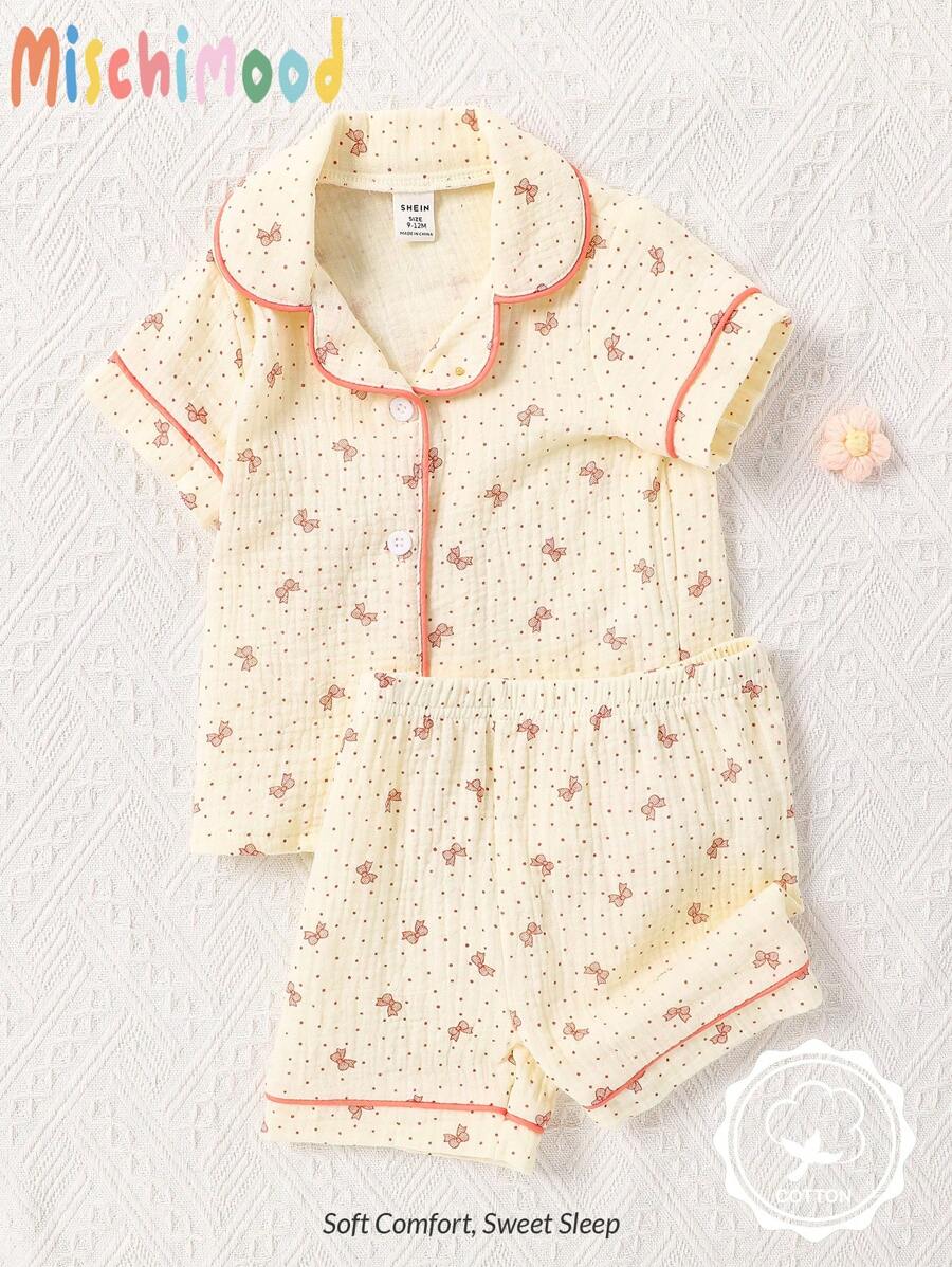 2 pièces/Set Tenue décontractée d'été pour bébé fille, short à manches courtes et nœud imprimé en seersucker rose