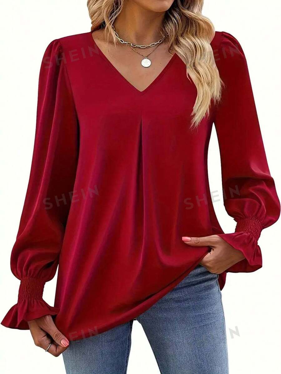 Blusa de manga larga y cuello en V de talla grande en unicolor, para uso diario casual, top rojo para mujer