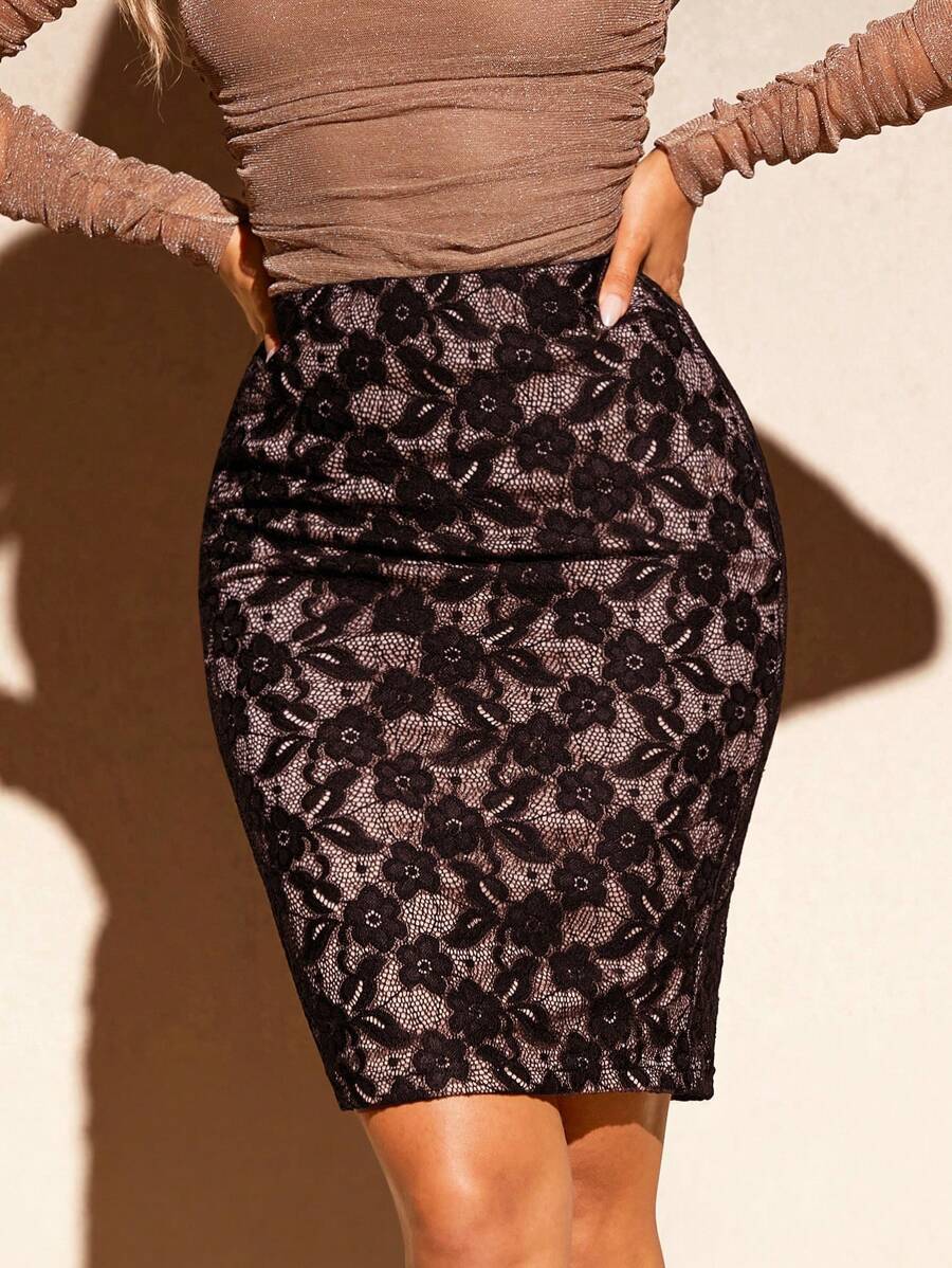 SHEIN Clasi Vrouwen Floral Lace Pencil Rok, Elegant