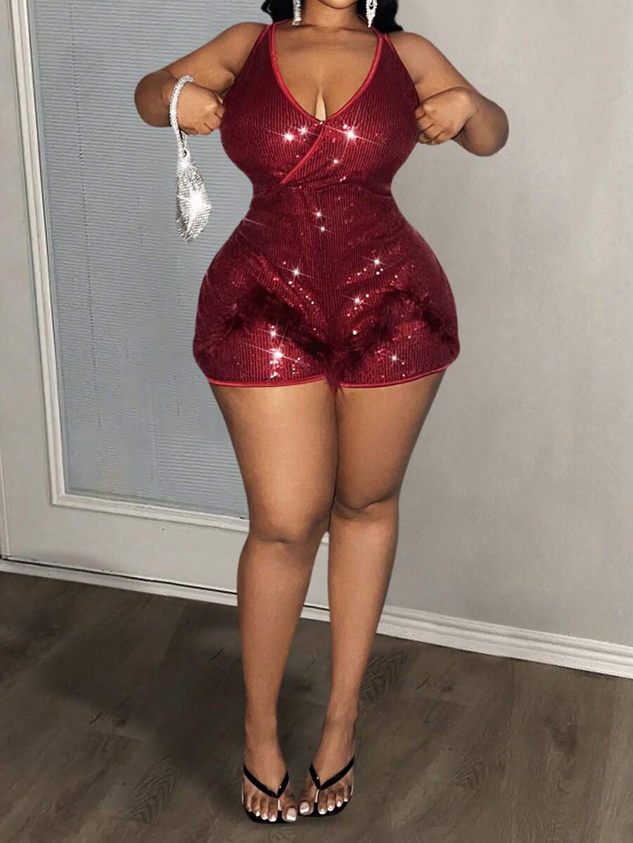 Slaydiva Plus Size Women Holiday Solid Color Sequin Decorated Romper,Valentine's Day