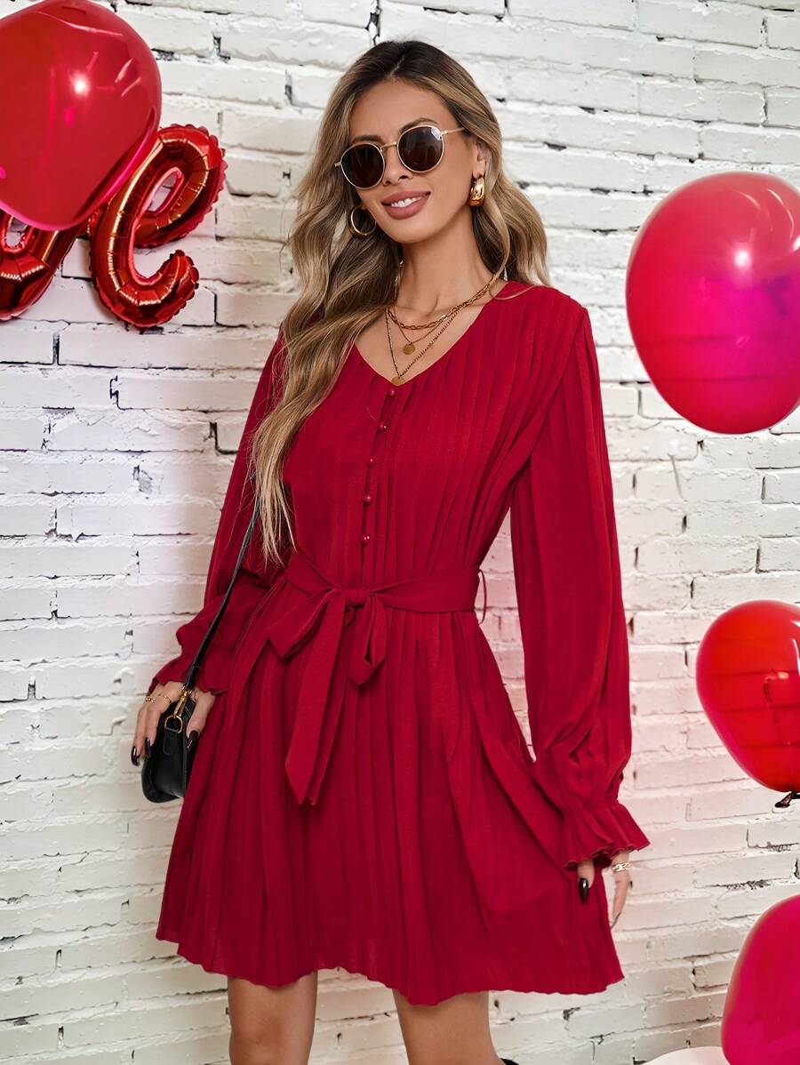 SHEIN VCAY Valentine's Day Out Date Holiday V-Neck Hem A-Line Casual Holiday Elegant Ladies Long Sleeve Dress, Back-To-School Fall/Winter Dress, Back-To-School Everyday Dress, Commute, Minimalist, Office, Old Money, Simple, Teacher Dress, Christmas Dress, Christmas Party Atmosphere Red Dress, Valentine's Day Red Dress, New Year Party Dress, Red Romantic Dress, This Is A Very Elegant And Stylish Dress For Women