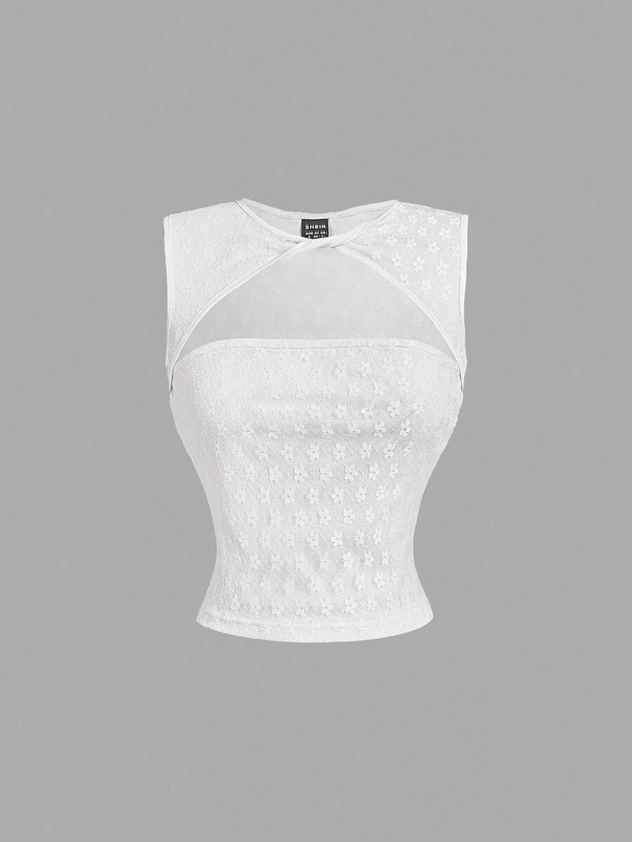 SHEIN MOD Camiseta sin mangas/Crop top con cuello de encaje blanco trenzado hueco para mujer