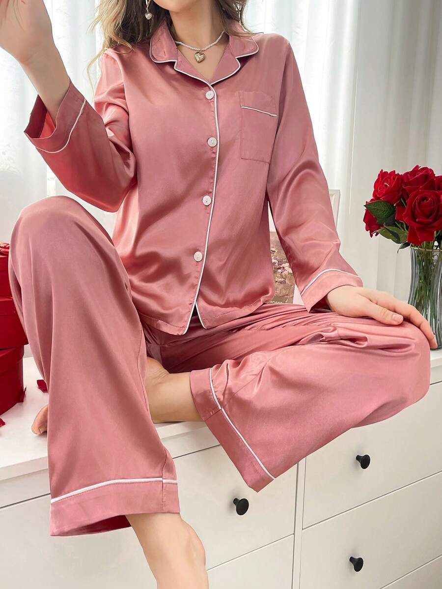 Women's Solid Color Long Sleeve Top & Pants Pajama Set, Casual & Fashionable For Everyday, Vacation
