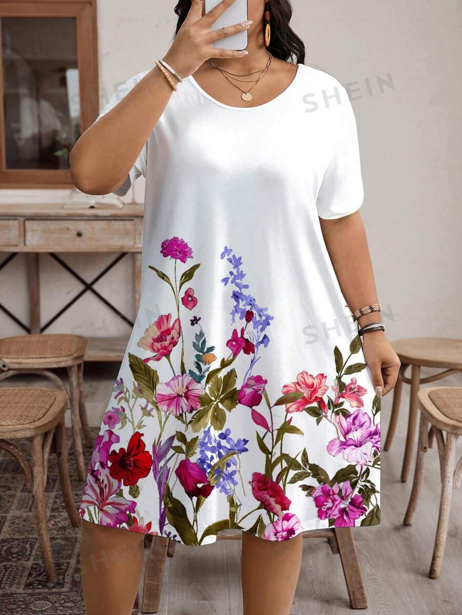 SHEIN LUNE Vestido de verano de talla grande, minimalista y con estampado completo
