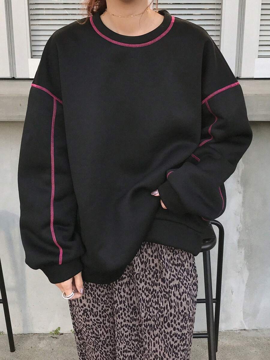 FRIFUL Women's Round Neck Drop Shoulder Long Sleeve Contrast Stitching Loose Sweatshirt
