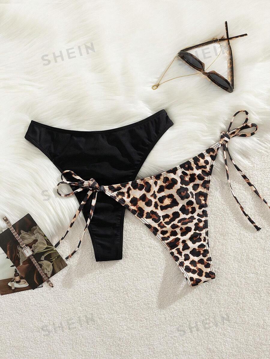 SHEIN Swim 2 piezas de traje de baño para vacaciones de primavera y verano: shorts de estampado de leopardo con lazos a los lados y Bottom de bikini tipo tanga de color liso