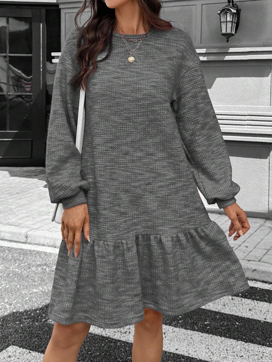 SHEIN LUNE Women Casual Waffle Crew Neck Ruffle Trim Long Sleeve Dress Business Casual Woman