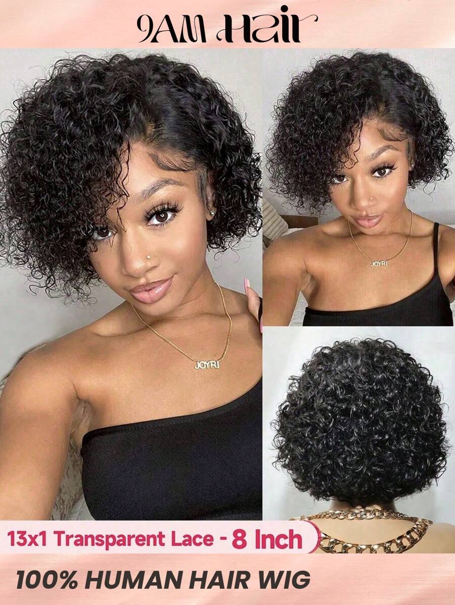 Dantela transparenta Kinky Curly Pixie Cut 13 X 1 Peruci frontale din dantela 150% densitate 8 inch Culoare neagră naturală Linie de păr natural pre-smulsă Peruci din păr uman de calitate superioară pentru femei