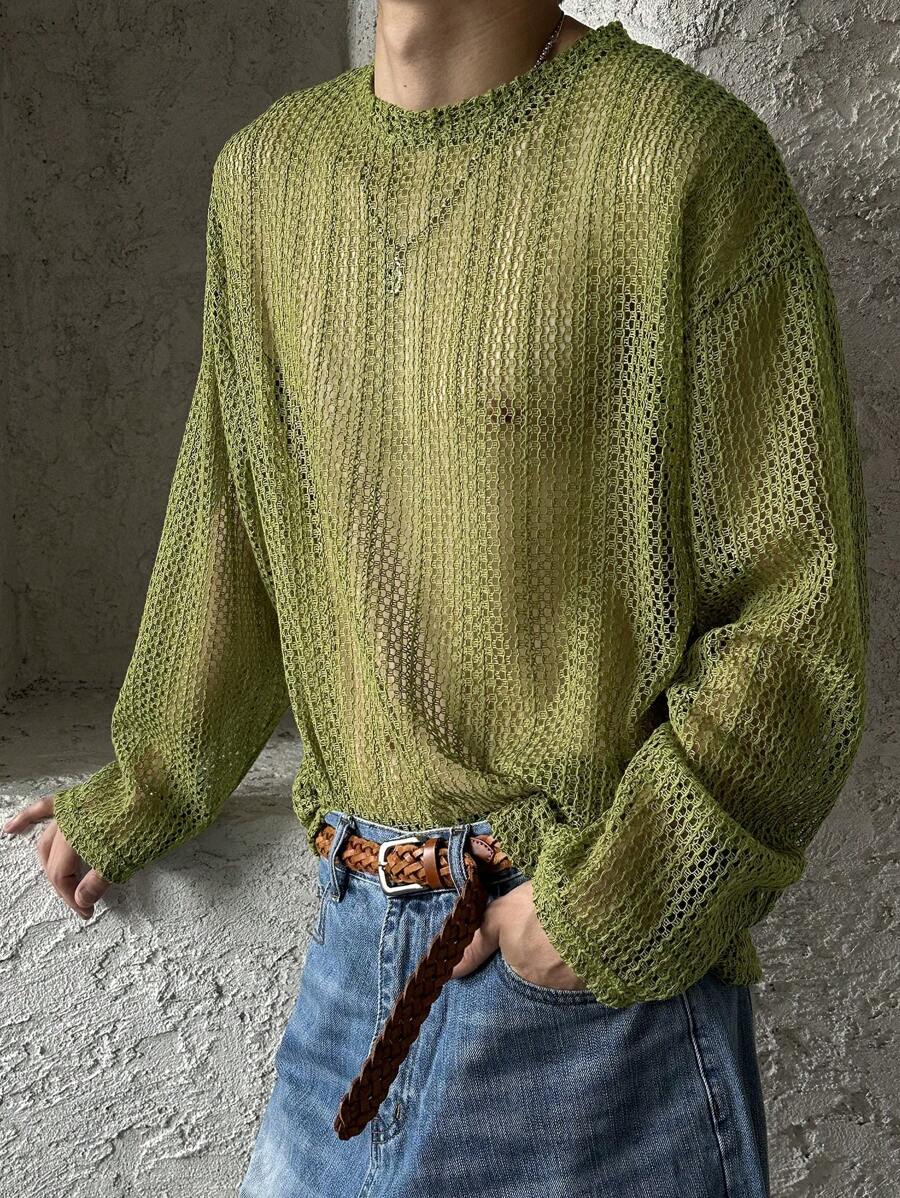 DAZY Camiseta de hombre de tela textural verde lisa, para verano