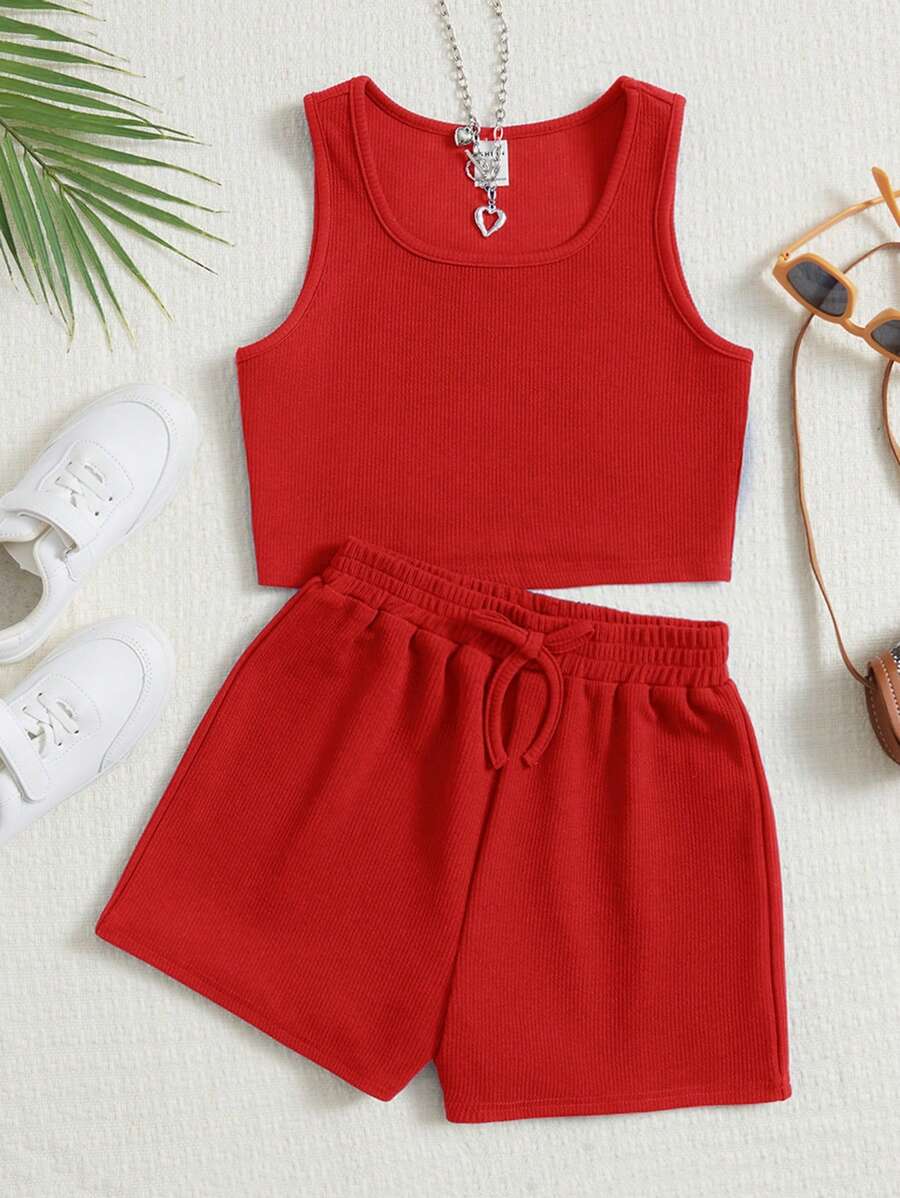 SHEIN Tween Girl Knitted Textured Crew Neck Loose Top And Shorts Casual Set