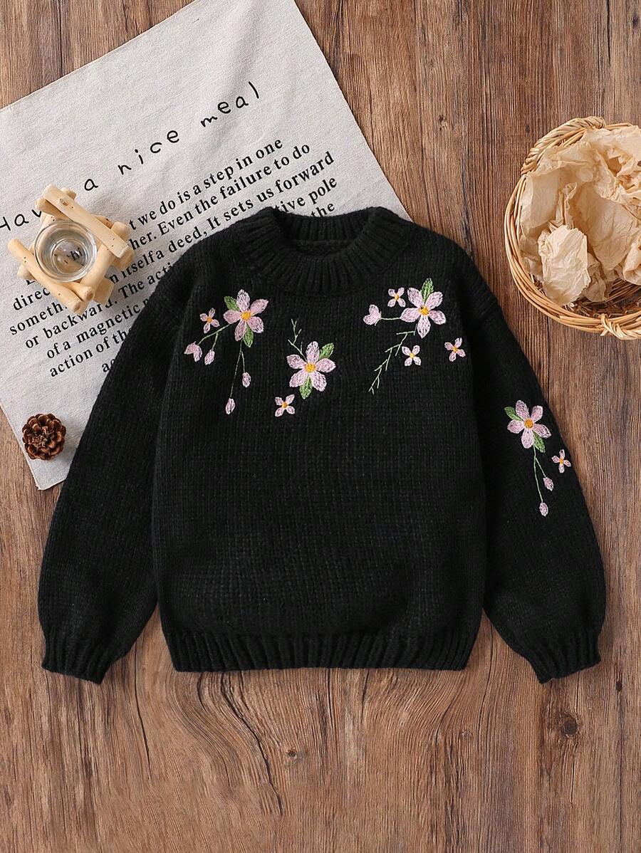 Tween Girls Sweater, Vintage Stijl Ronde Hals Geborduurd Bloemenpatroon Pullover Sweater, Modieus Eenvoudig & Schattig Ontwerp, Geschikt Voor Herfst/Winter, Thanksgiving