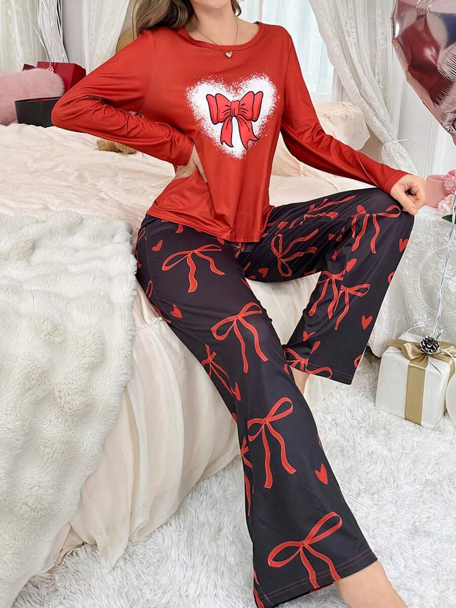 Conjunto de ropa de dormir para mujer con decoración de moños, dulce y lindo para el Día de San Valentín