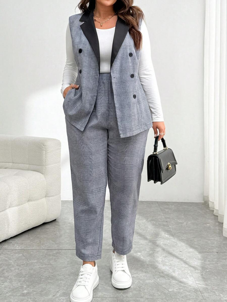 SHEIN Essnce Conjunto de dos piezas de chaleco y pantalón de cuadros azules en contraste para mujer de talla grande, con costura en el cuello, para uso diario y casual en primavera y otoño. Ropa de trabajo, conjunto de pantalones, ropa casual de negocios, ropa de primavera, ropa de oficina para curvas