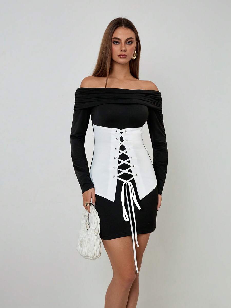 Calvaya Women's Off-Shoulder Tie-Front Eyelet Corset Midi Dress