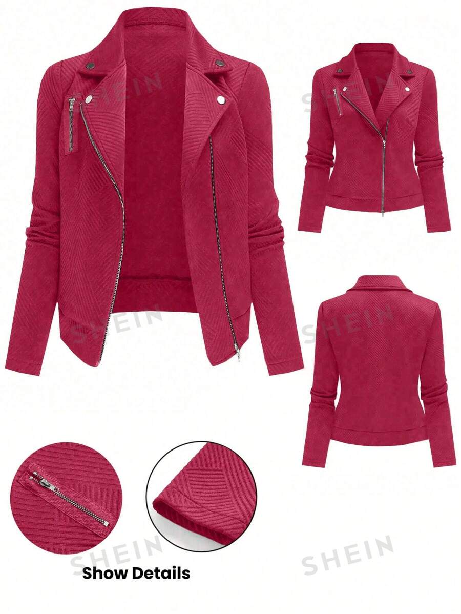 SHEIN LUNE Chaqueta de motocicleta casual con cremallera y textura de tela, con solapa