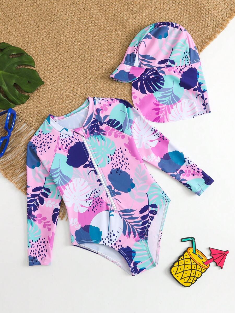 SHEIN Traje de baño de una pieza para niña con estampado aleatorio y gorro de natación