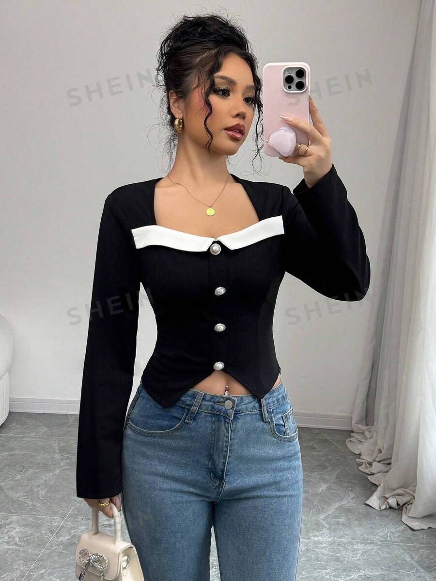 Calvaya Blusa de punto de cuello cuadrado con empalmado, ajuste ceñido para mujer