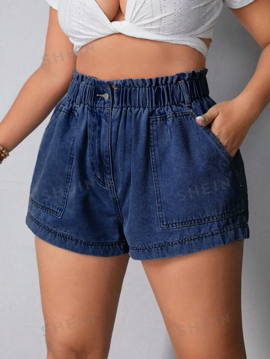 Breezaya Pantalones cortos vaqueros holgados con cintura elástica y bolsillos para mujeres de talla grande