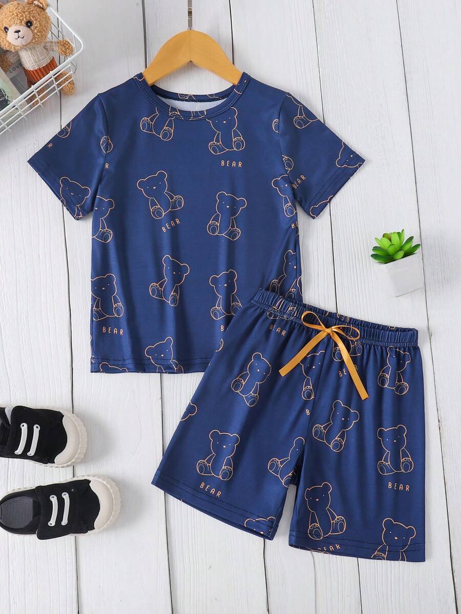 2pcs Toddler Boys' Round Neck Allover Print Casual T-Shirt & Shorts Sleepwear Set