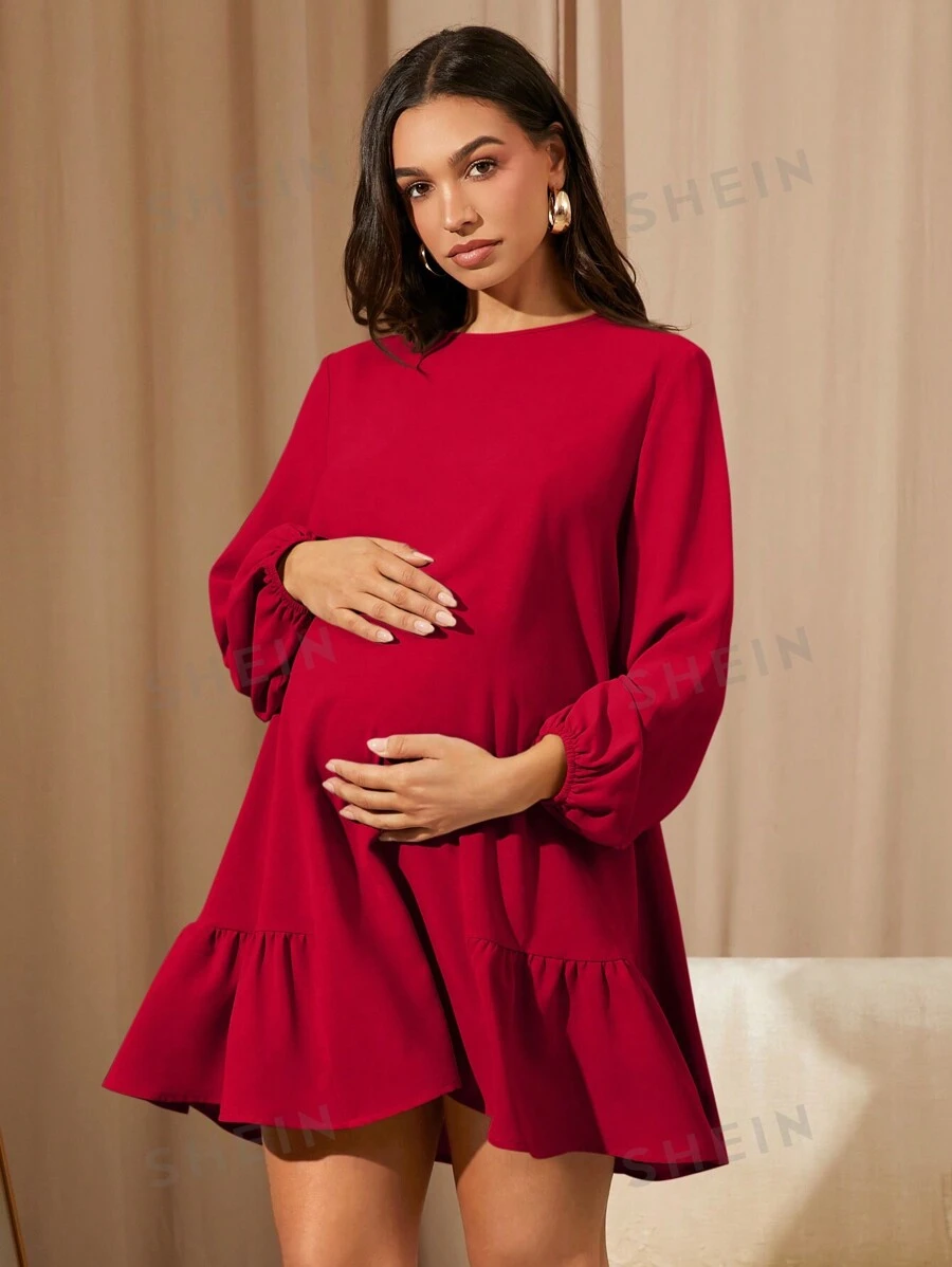 MaterniChic Vestido caqui de manga larga suelto y casual para maternidad, vestido corto para otoño/invierno, apto para oficina/trabajo/celebraciones para mujeres curvilíneas