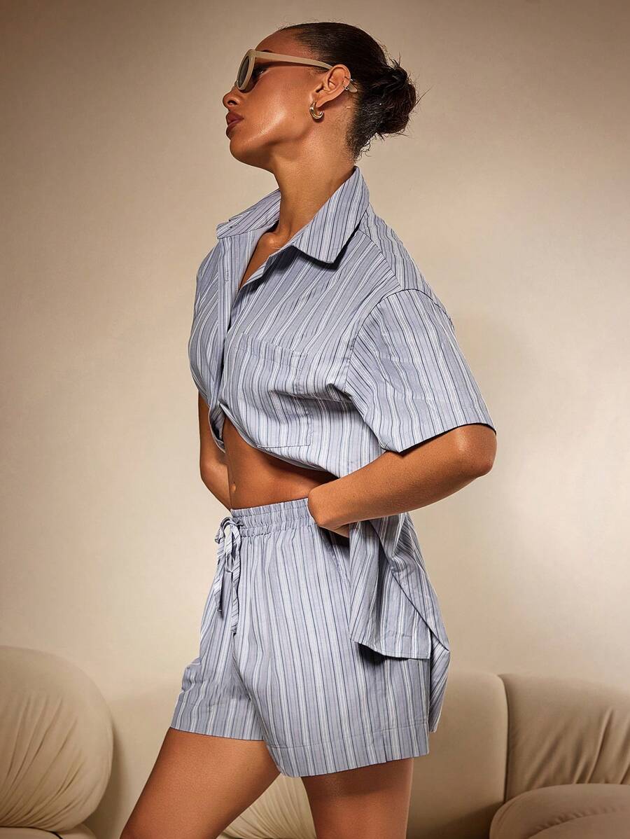 Athîral 2pcs Set Women Blue Linen Textured Stripe Short Sleeve Shirt And Short Set