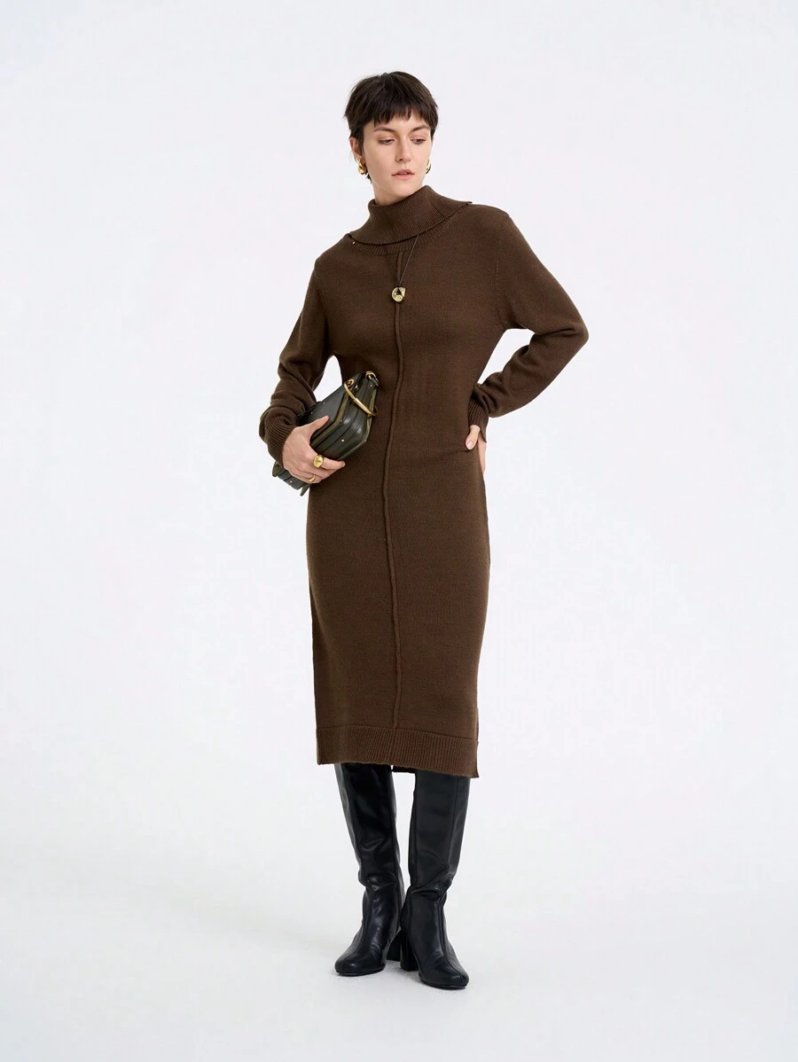 Aalyst Women's Plain High Neck Long Sleeve Fitted Sweater Dress