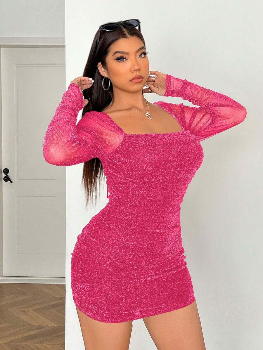 SHEIN EZwear Plus Size Semi-Sheer Mesh Fuchsia Dress