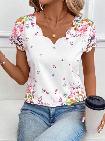 SHEIN Clasi Women's Spring Ditsy Floral Short Sleeve Blouse, Casual & Fashionable For Everyday Wear Valentines Clothes