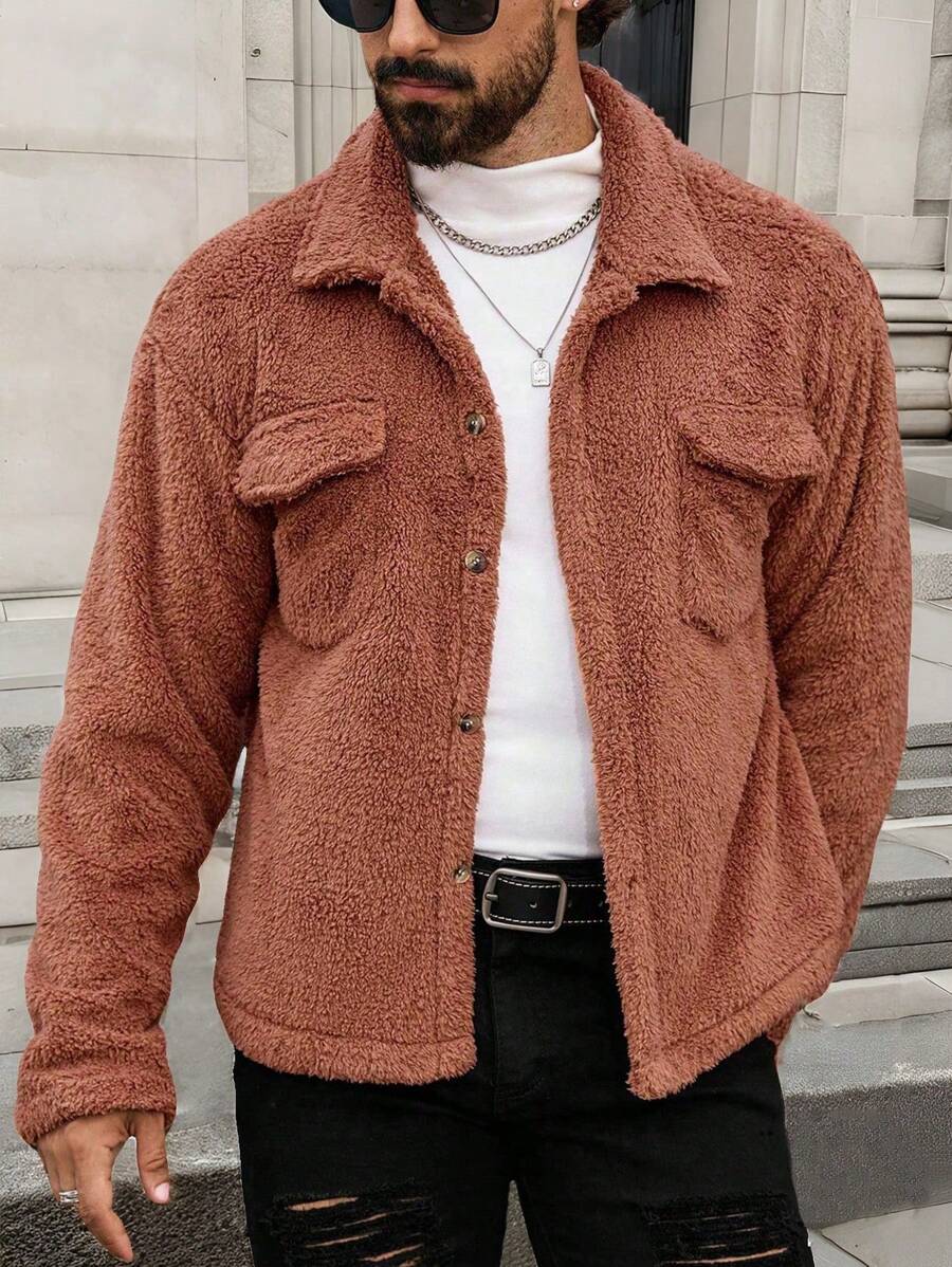 Manfinity CasualCool Men's Solid Color Long Sleeve Cargo Casual Polar Fleece Jacket, Autumn Winter,Men's Solid Color Long Sleeve Jacket, Men Warm Jacket,Winter Men Jacket,Coral Fleece Jacket