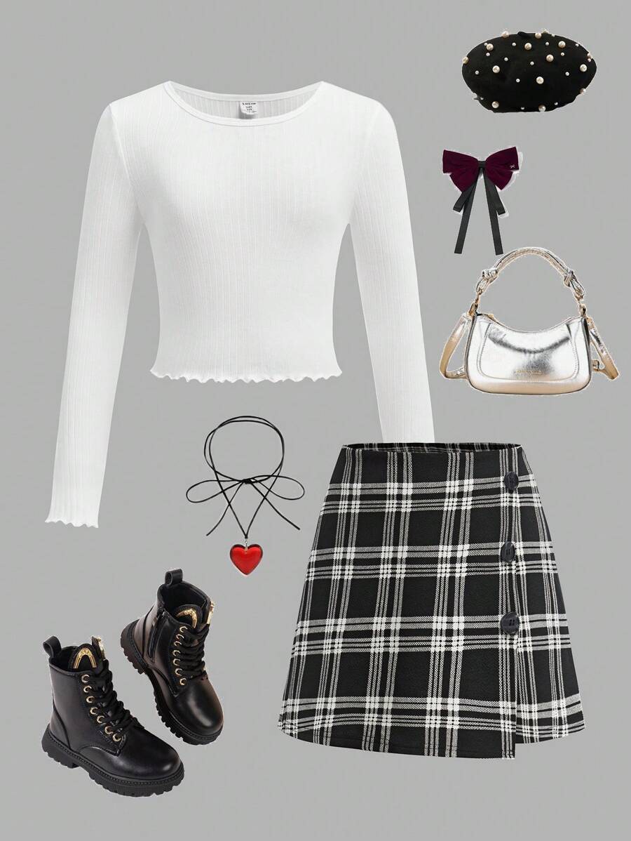 Maglietta a manica lunga con bordo a lattuga e gonna corta a quadri neri con bottoni, perfetti per uso casual, quotidiano e scolastico, adatti per ragazze tra bambini e adolescenti