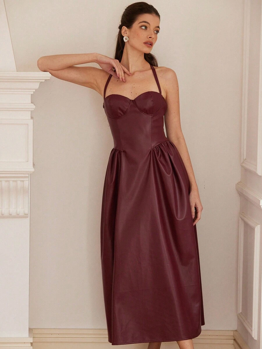 Aveloria Rosie Elegant & Charming Sexy Angola Red PU Halter Tie Waist Ruched Burgundy Dress For Women