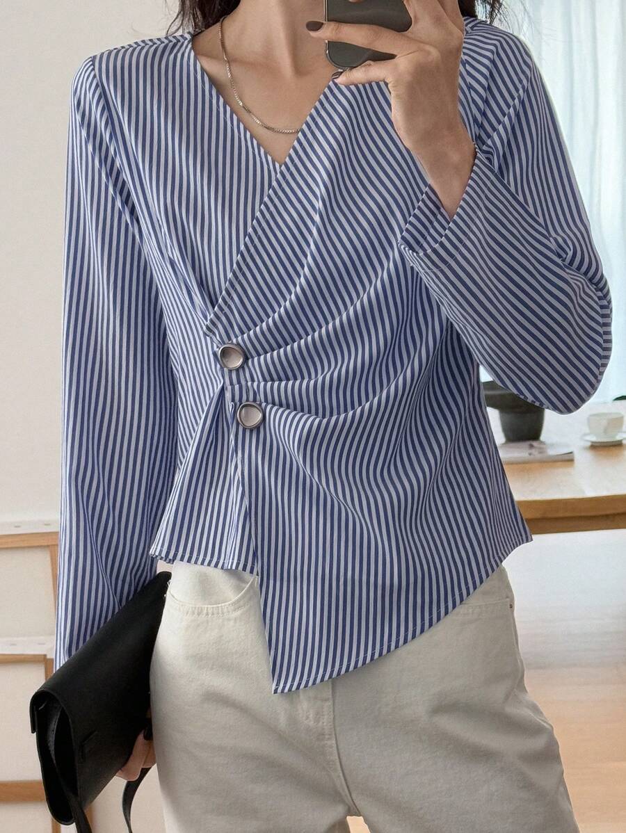 DAZY Women's Striped Waist Cinching Long Sleeve Blouse, Latest Summer Design