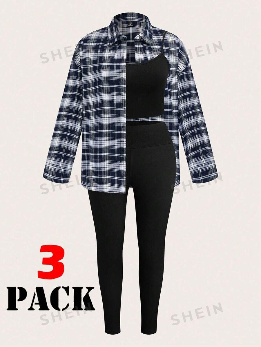 Flirla Set de 3 piezas talla grande: camisa abotonada, camiseta y pantalones pitillo