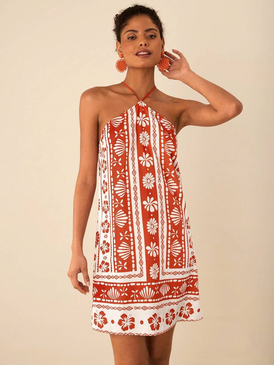 Travachic Women's Floral Print Casual Halter Neck Mini Dress,Vacation Casual Beach Dress