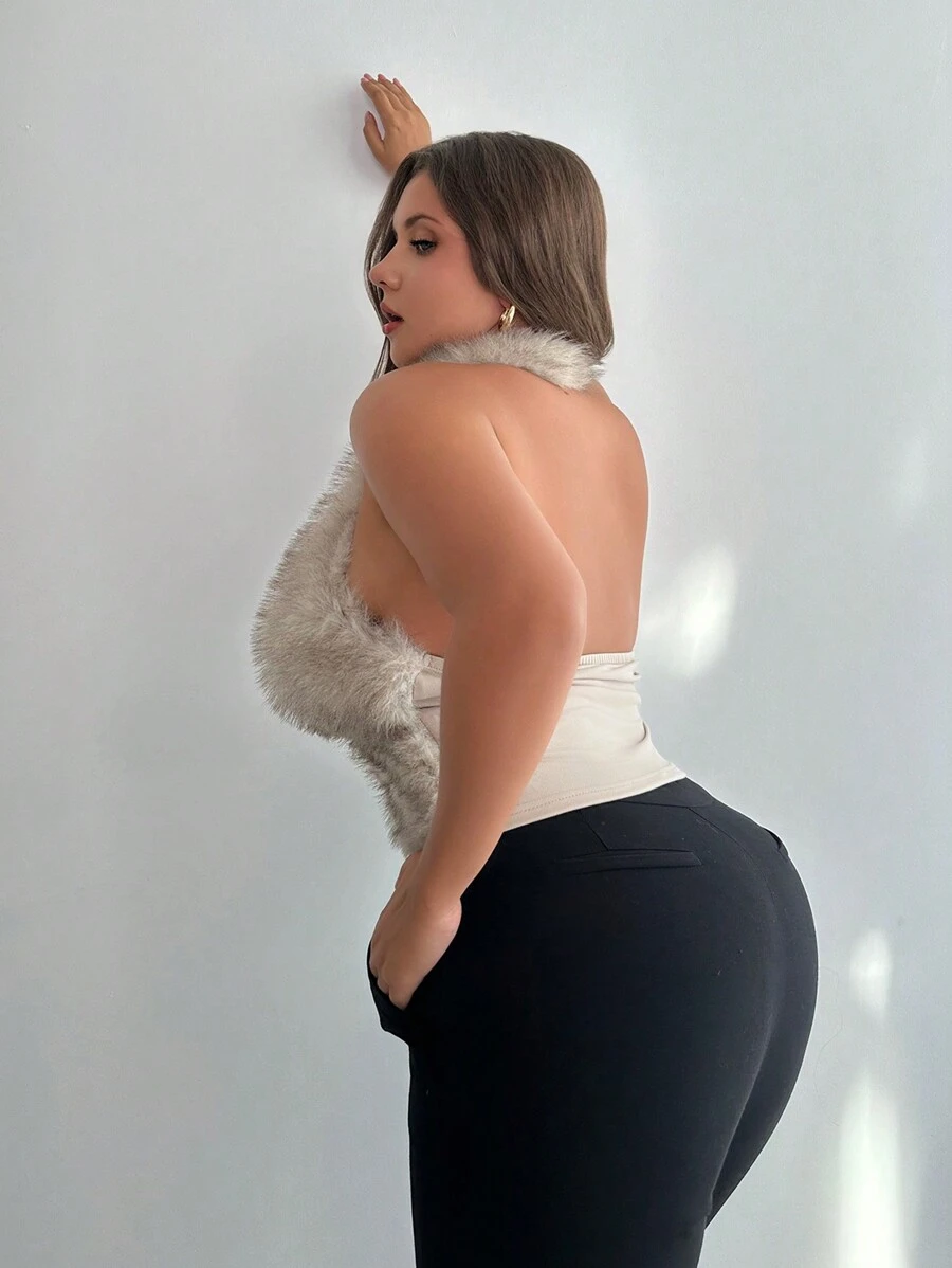 SHEIN Privé Plus Size Women Elegant Chic Spaghetti Strap Faux Fur Shrug, Versatile Tank Top Outerwear Suitable For Layering, Autumn/Winter