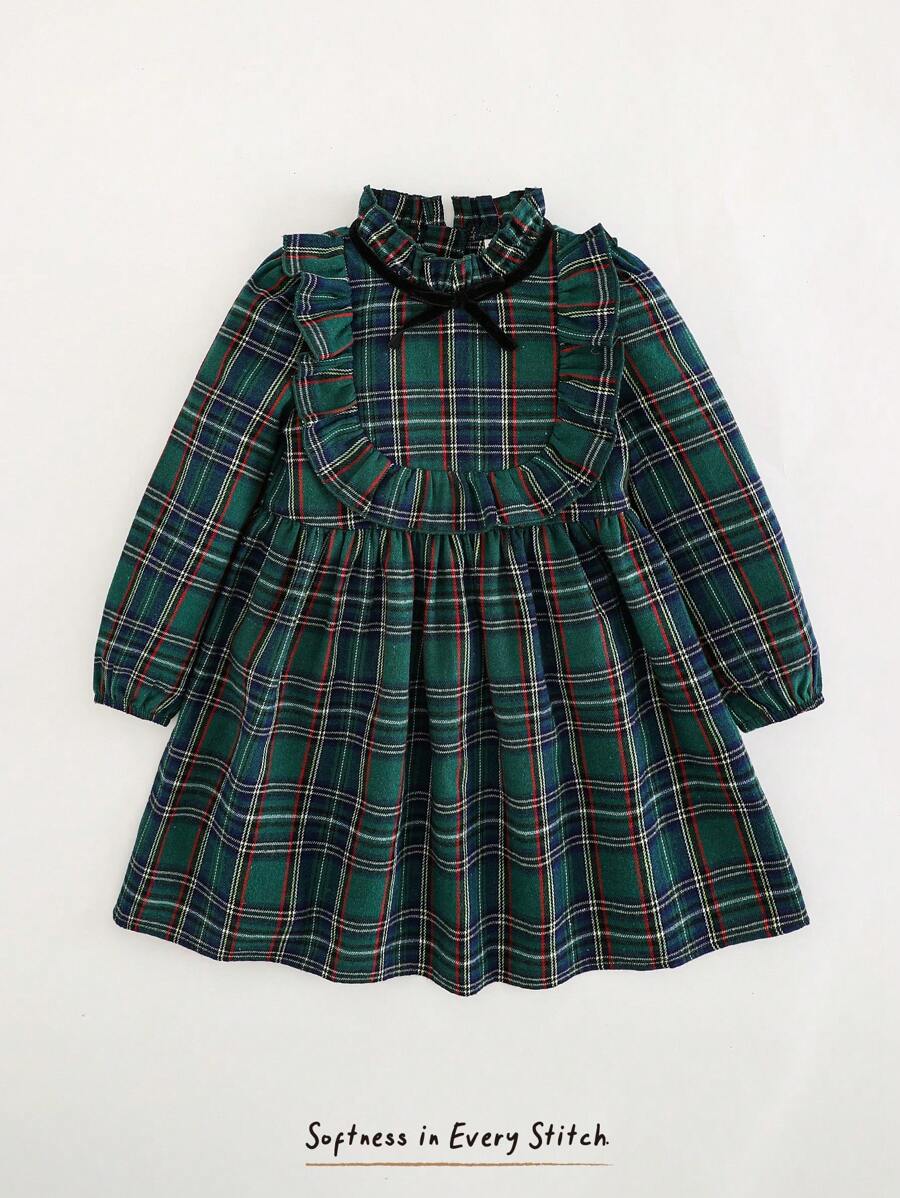 Cozy Pixies Vestido de manga larga con cintura, volantes y lazo con estampado de cuadros para niña