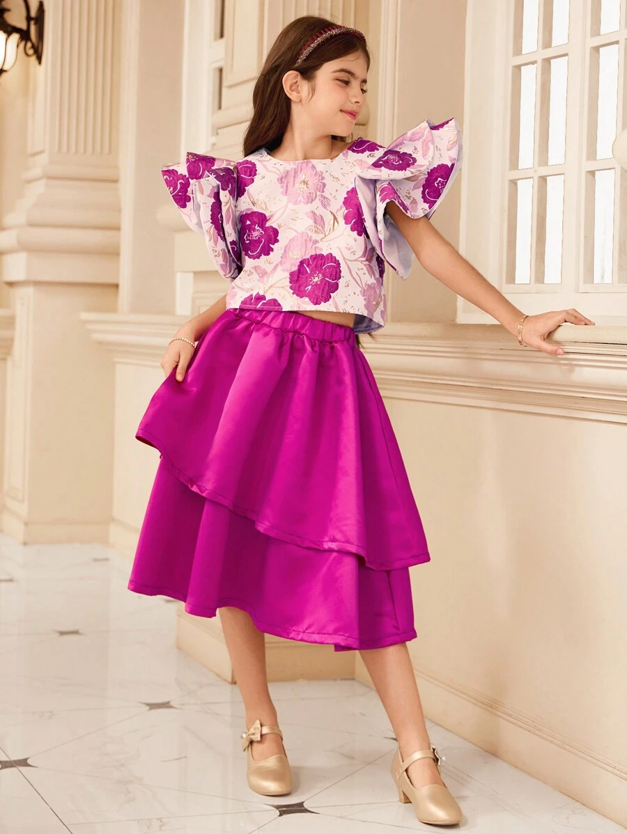 Conjuntos para niñas preadolescentes, Elegante parte superior con mangas con volantes de brocado metálico para niñas preadolescentes, irradia Charm y lujo como una pequeña princesa