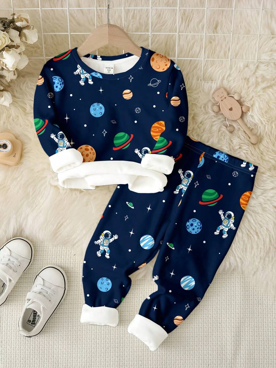 SHEIN Snug Fit Baby Boy Casual Comfortable Cartoon Planet, Astronaut Graphic Print Long Sleeve Round Neck Pants Home Clothing Set, Suitable For Autumn/Winter