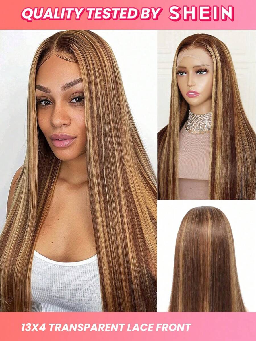 P4/27 Straight 13x4 Transparent Lace Front Wig Human Hair Honey Blonde Highlight 180% Density 22-28 Inch Top Quality For Women