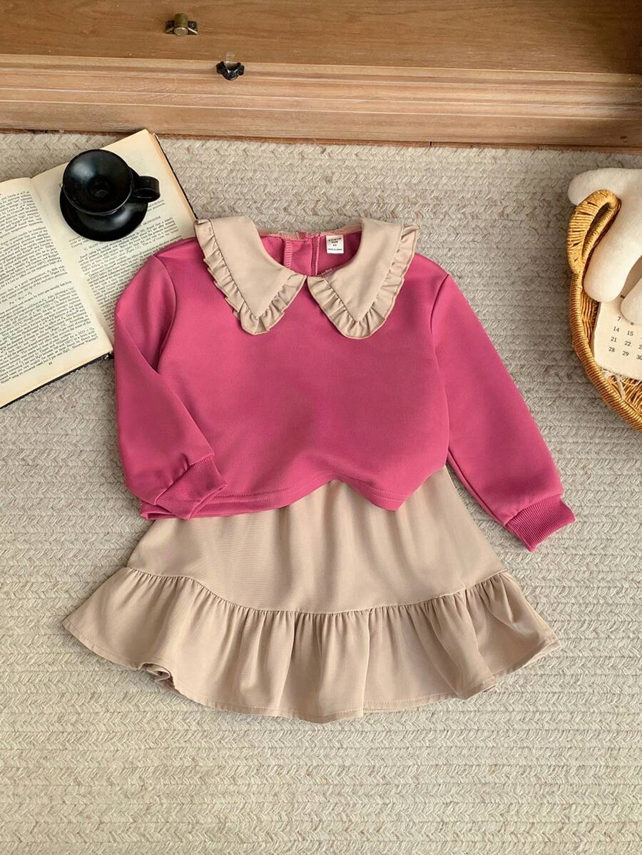 Blossori Conjunto de 2 piezas de sudadera suelta de estilo francés rosa elegante y falda plisada beige para niñas, para primavera/verano