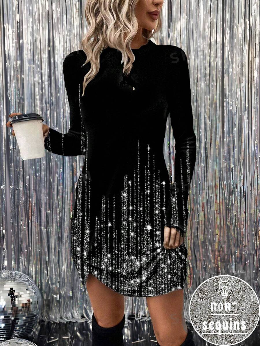 SHEIN LUNE Vestido de manga larga y cuello redondo casual con dobladillo artístico con contraste de lentejuelas, adecuado para otoño/invierno, talla grande