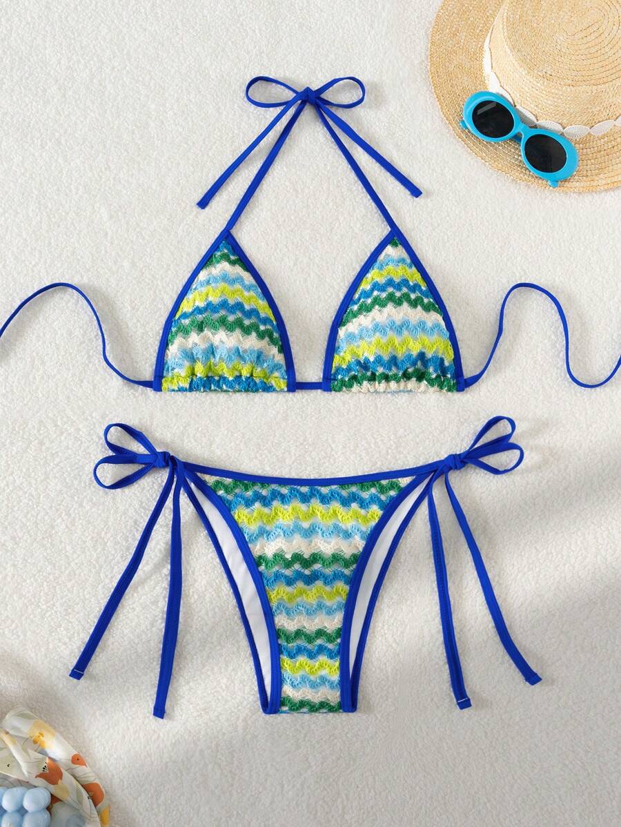 SHEIN Swim 2pcs Vacation Bikini Set, Textured Fabric Halter Triangle Lace-Up Sexy Swimwear