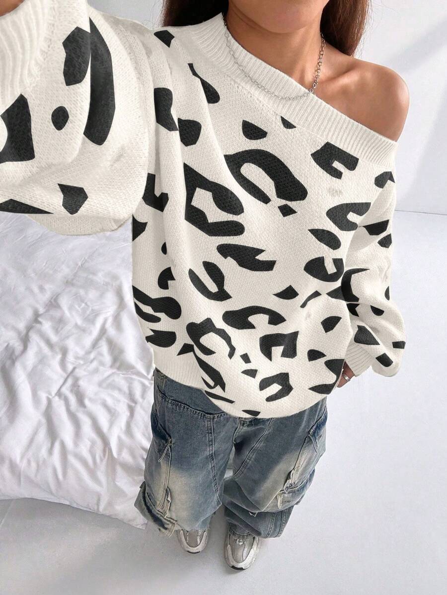 Flirla Losse, casual, veelzijdige luipaardprinttrui, sexy asymmetrische hals