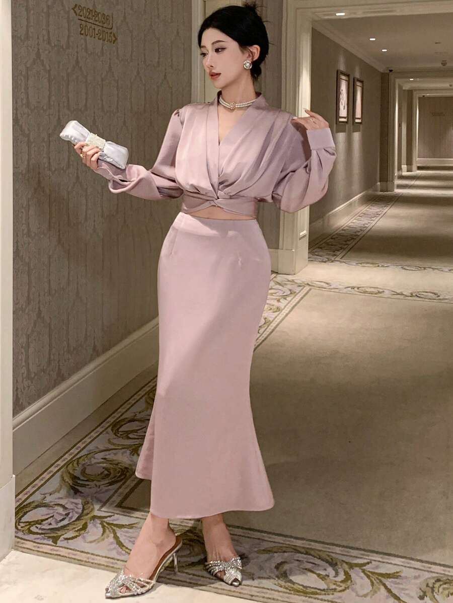 DAZY 1 set effen kleur dames twist geplooide pofmouw shirt en A-lijn rok 2-delige outfit