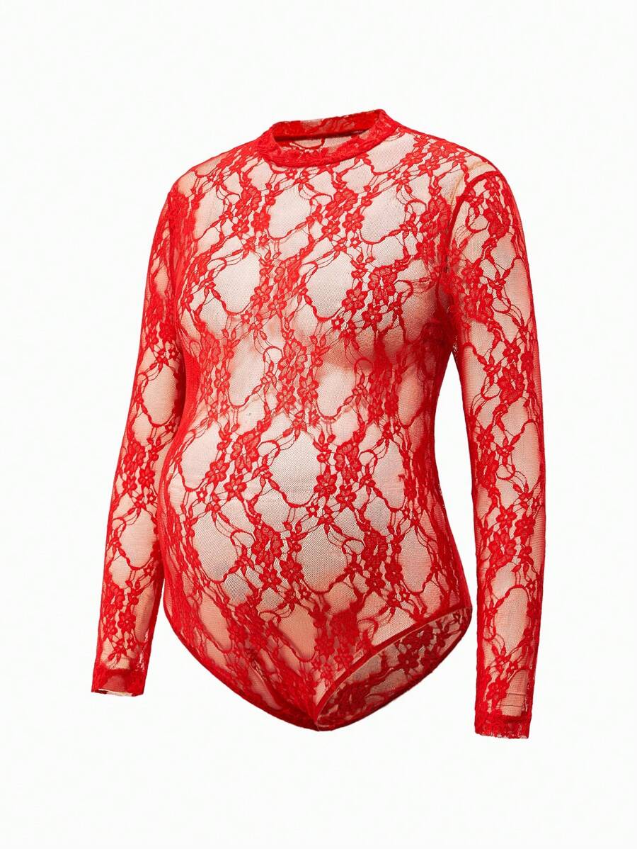 SHEIN Body de manga larga con cuello redondo y encaje rojo para embarazadas, traje ajustado apto para sesión de fotos