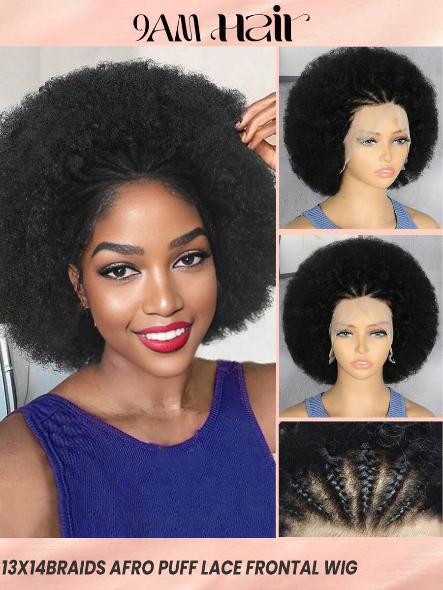 Box Cornrow Braided Afro Puff Wig Transparent Lace 13x4 Lace Frontal Short Human Hair Wigs With Pre Plucked Natural Black Remy Hair For Women Daily Use