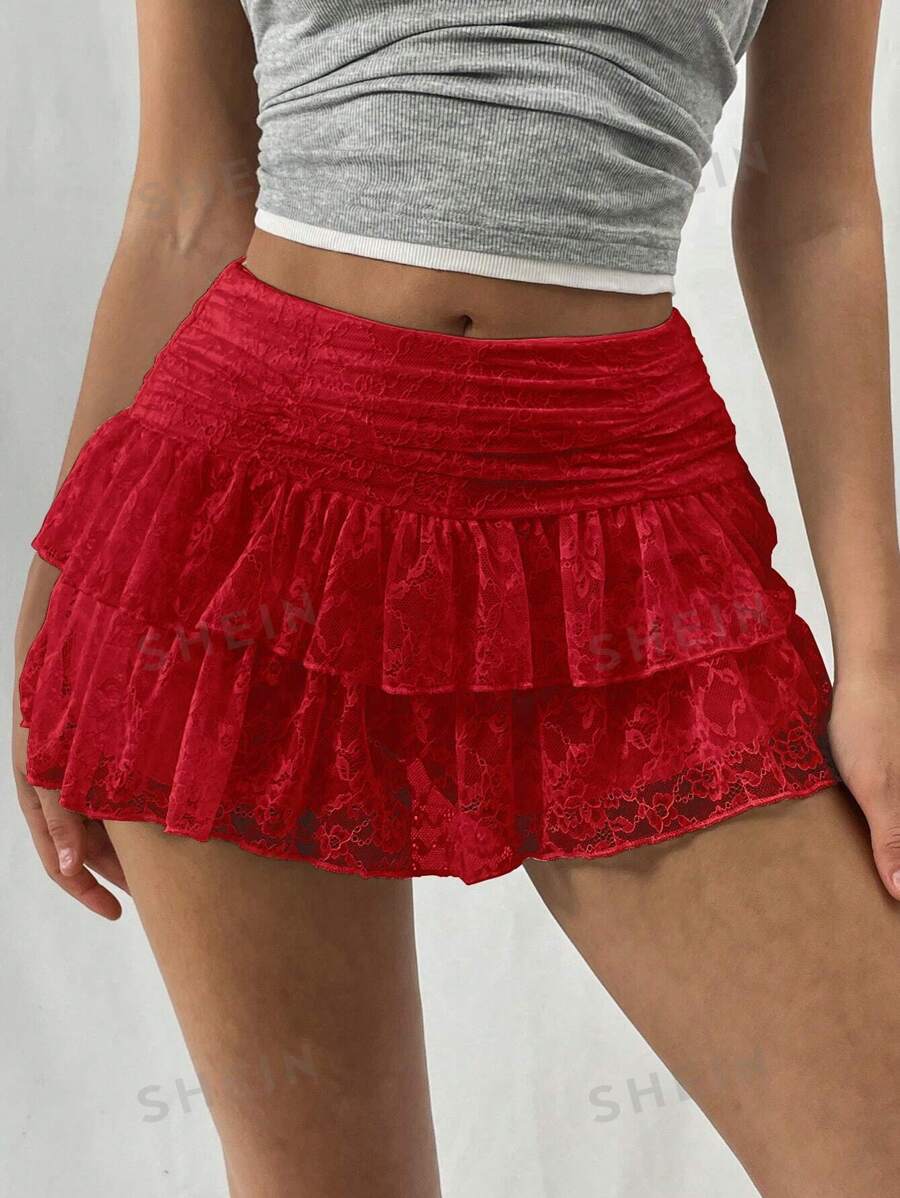 EgrlEra Falda mini de línea A de unicolor dulce con doble capa de encaje blanco y rojo, falda estilo Y2K