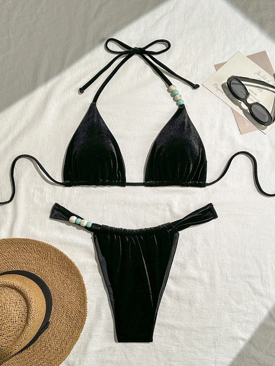 SHEIN Swim Women's Stretch Velvet Sexy Solid Color Bikini Set, Suitable For Swimming And Beach Vacation, Colorful Pearl Swimwear For Summer Beach