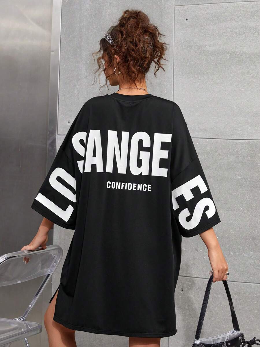 SHEIN Tienermeisjes Oversized Zwarte Ronde Hals Gebreide T-shirtjurk Met Losse Afhangende Schouders, Grote Letterprint, Straat Casual Sportieve Schoolstijl, Lente/Zomer